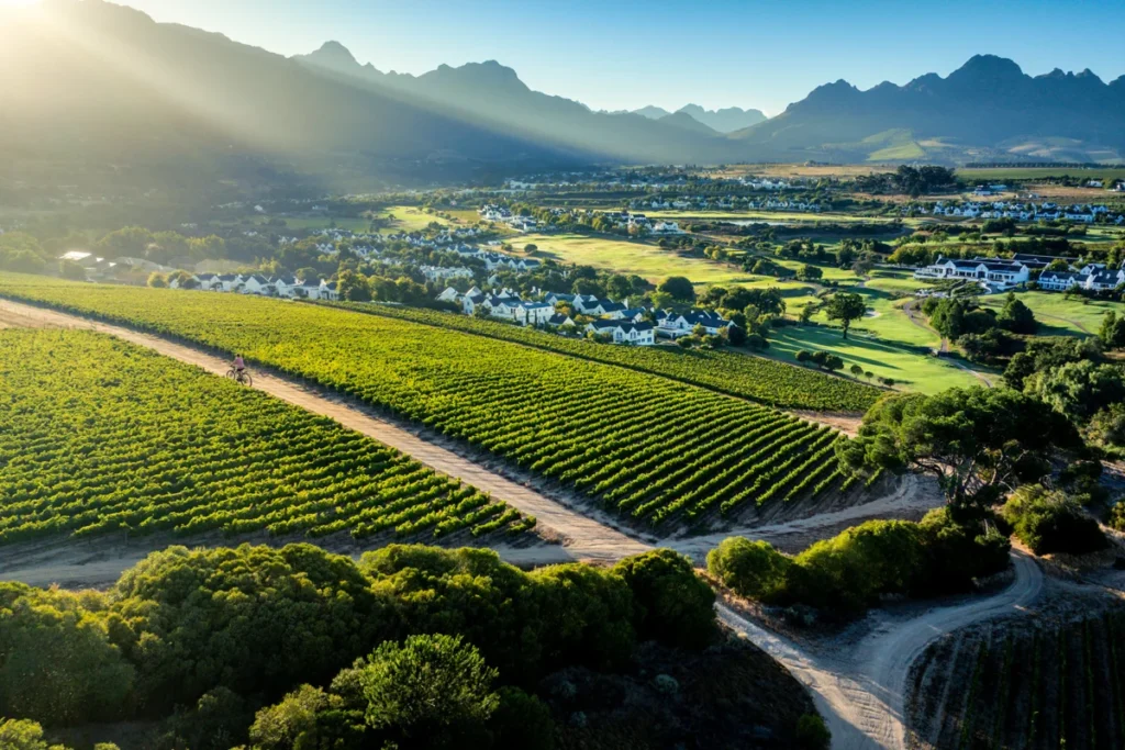 Sun rays at dawn over landscaped vineyards of Stellenbosch, South Africa